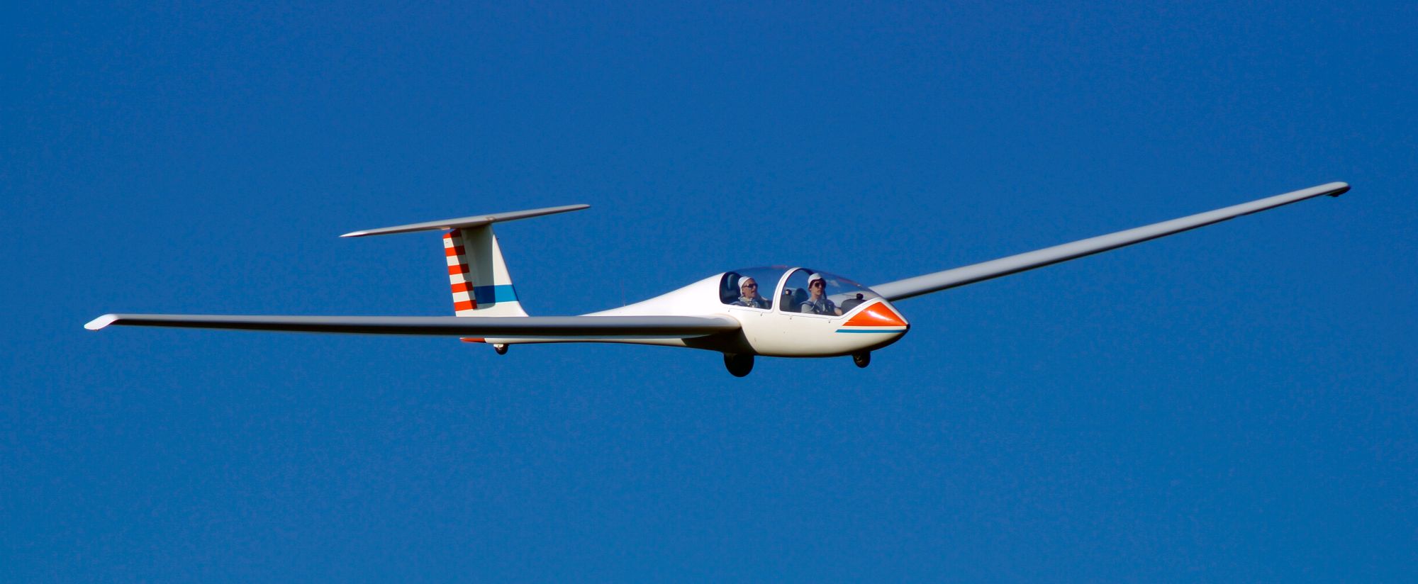 Ein weißes Segelflugzeug mit zwei Personen im Cockpit fliegt vor einem klaren blauen Himmel.