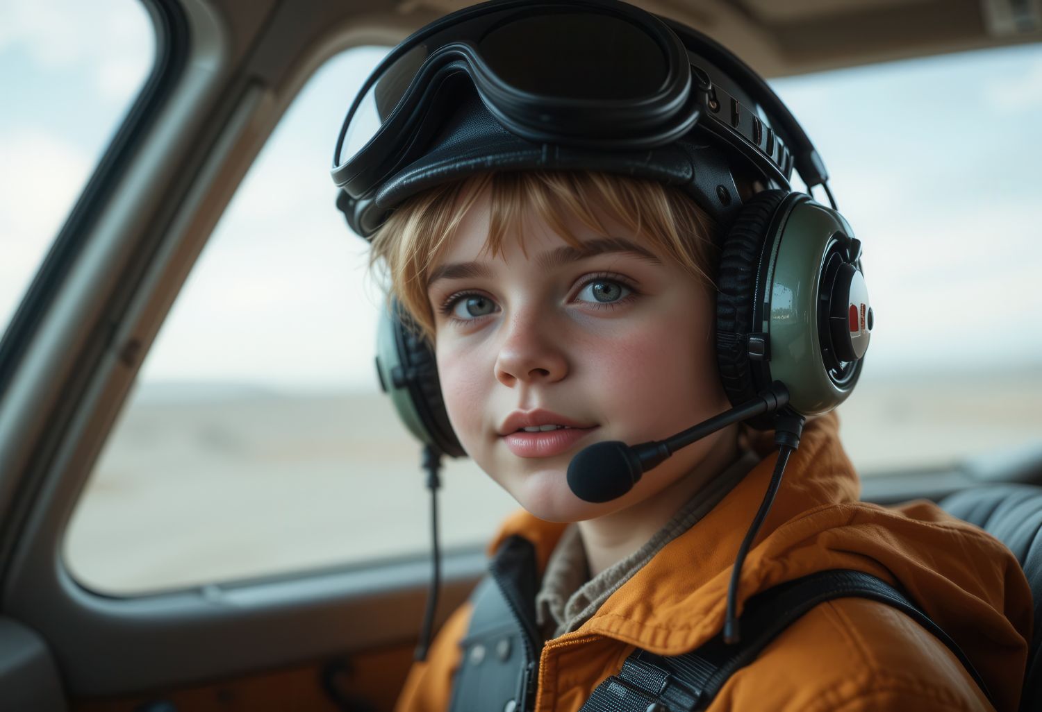Einmaliger Rundflug ➤ Erlebnis buchen wie bei Jochen Schweizer ✈️ Ein Kind trägt eine Fliegermütze und ein Headset im Cockpit eines Flugzeugs.