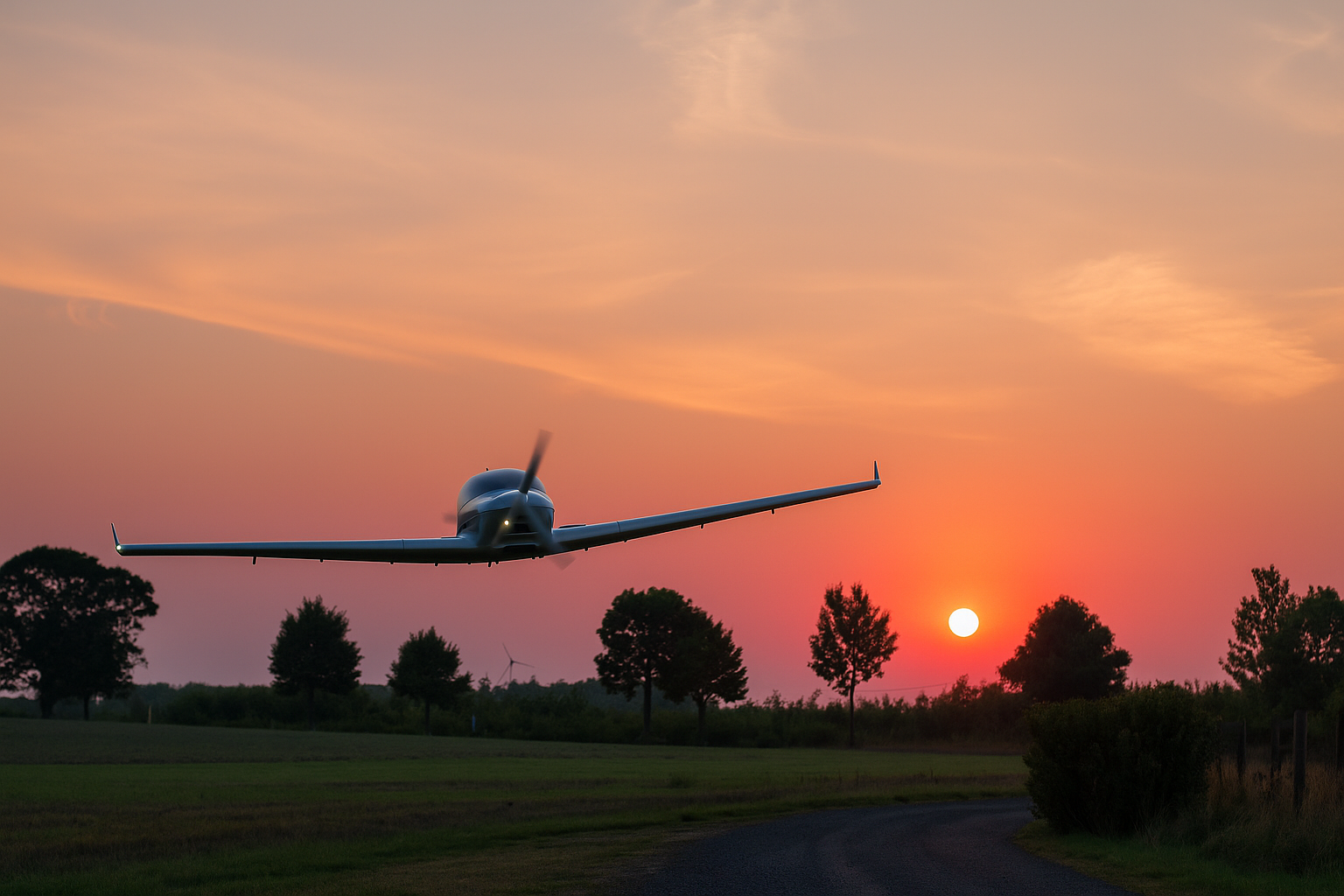 Ein Leichtflugzeug fliegt bei Sonnenuntergang zur Landung über einen ländlichen Weg.