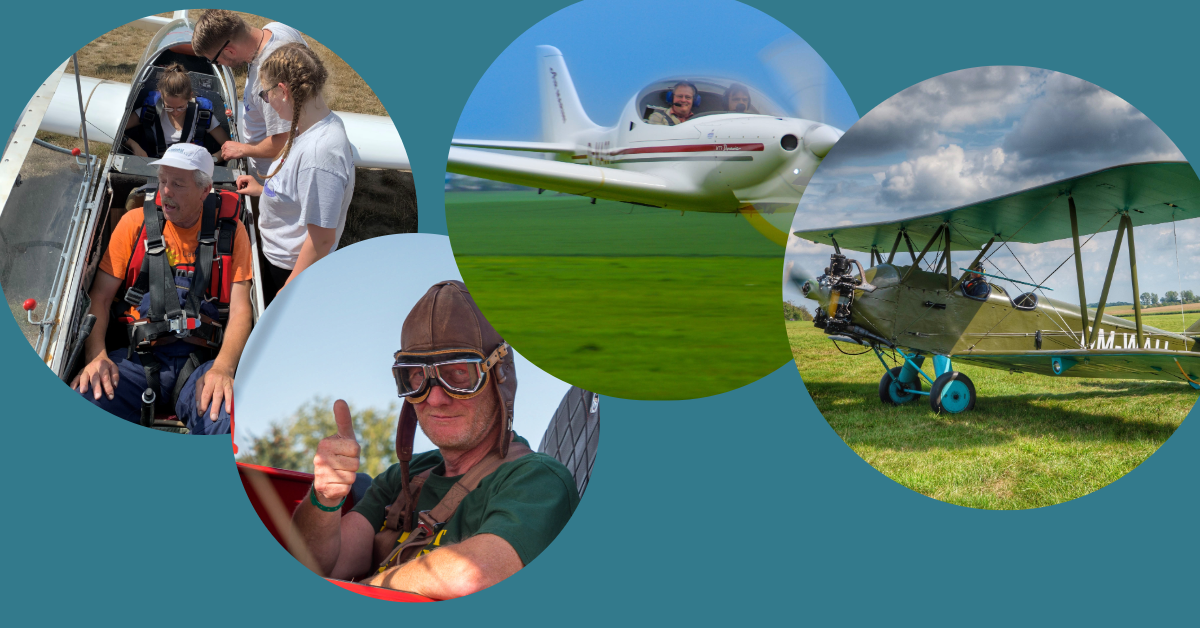Collage mit Segelflugzeug, Leichtflugzeug, Doppeldecker und Pilot in Fliegermontur