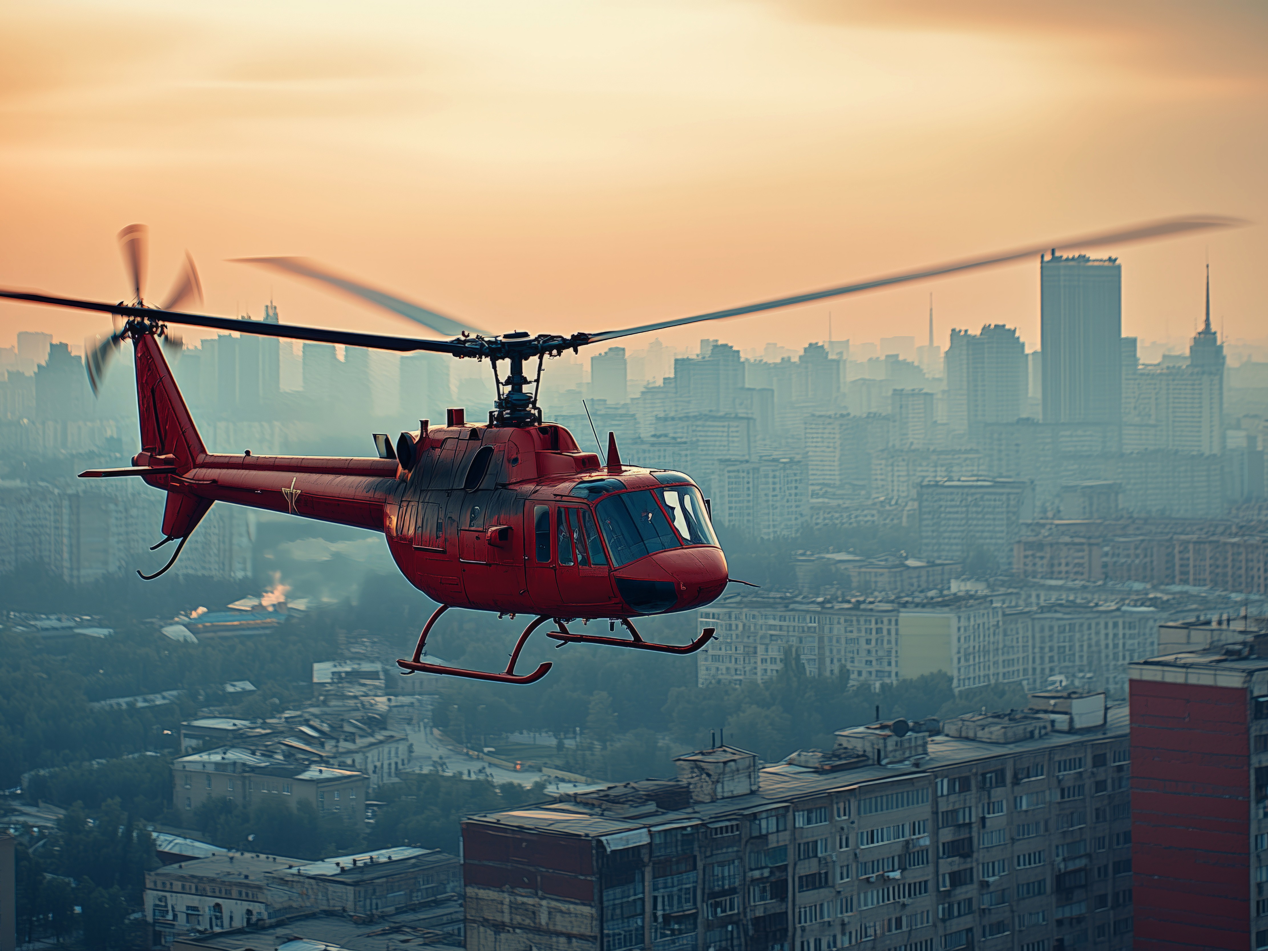 Roter Hubschrauber in der Luft über einer städtischen Landschaft bei Sonnenuntergang