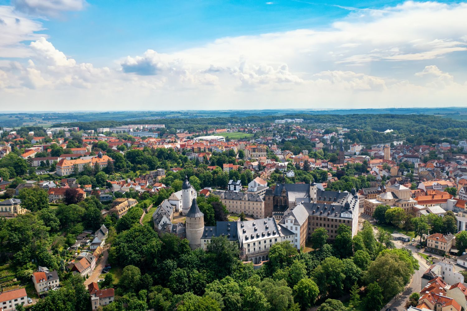 Luftaufnahme einer historischen Stadt mit einem Schloss umgeben von Bäumen und einem weiten, grünen Umland